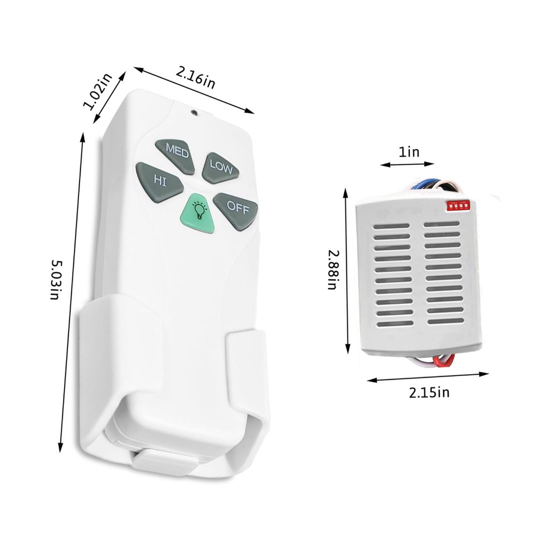 Dimension drawing: the fan remote measures 2.16 inches wide, 5.03 inches tall and 1.02 inches deep; the mini receiver measures 2.88 inches by 2.15 inches by 1 inch.