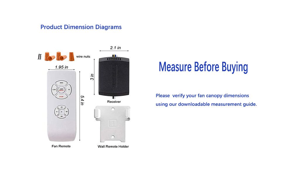 Dimension drawing: fan remote 1.95 inches wide by 5.4 inches tall; receiver 2.1 inches by 3 inches; wall remote holder and wire nuts shown alongside.